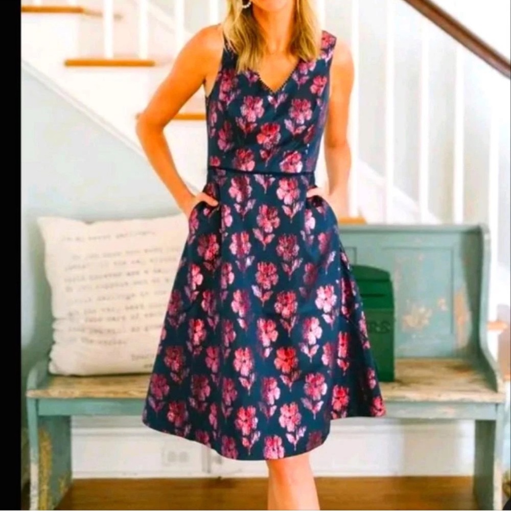 NWT Draper James Floral Jacquard Midi Dress Size 8 Fit Flare Navy Pink Metallic - Picture 2 of 13
